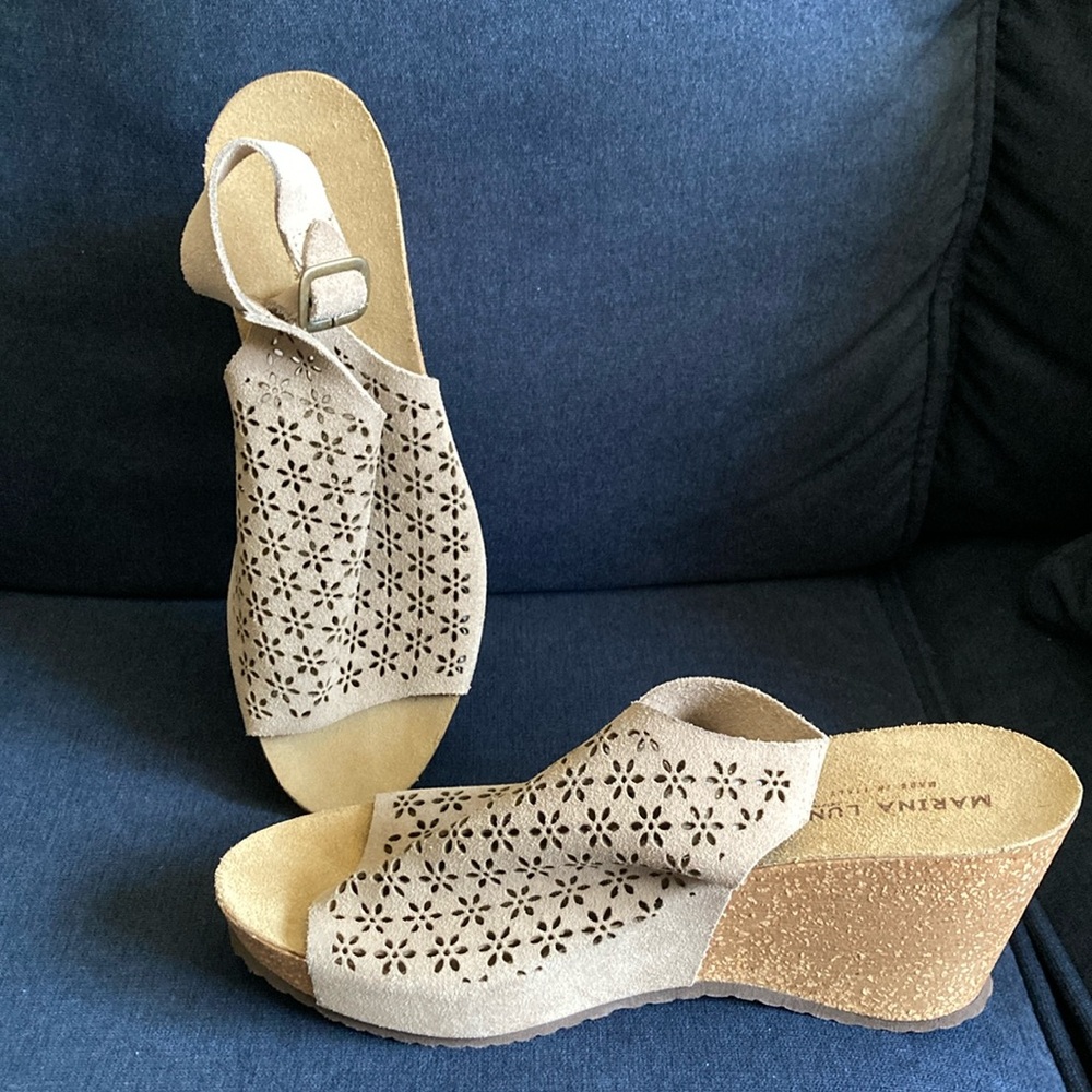 NWOT Marina Luna laser floral cut leather upper w/cork wedge bottoms